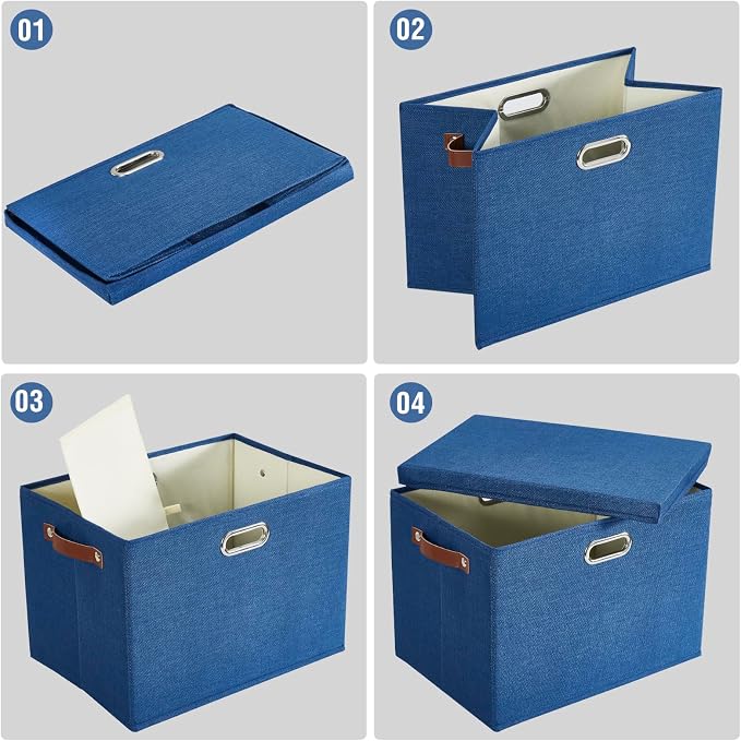 15" Large Collapsible Storage Bins with Lids, Stackable Closet Organizers with PU Handle and Labels, 3-Pack Decorative Fabric Storage Boxes for Home, Bedroom, Closet, Office, Nursery(Navy)