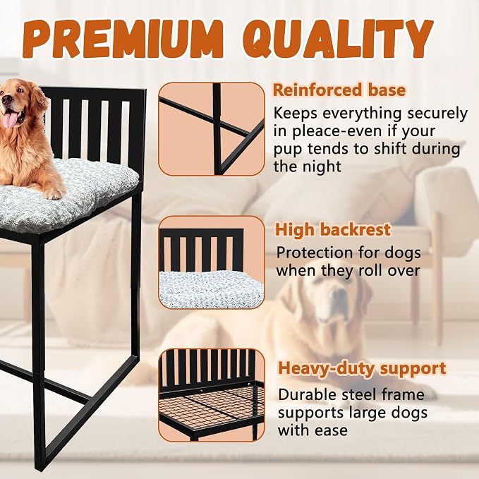 Beside Dog Bed,Adjustable Height Dog Bunk Beds,25.5‘’x18‘’Metal Dogs Bed Frame with Cushion (Large)