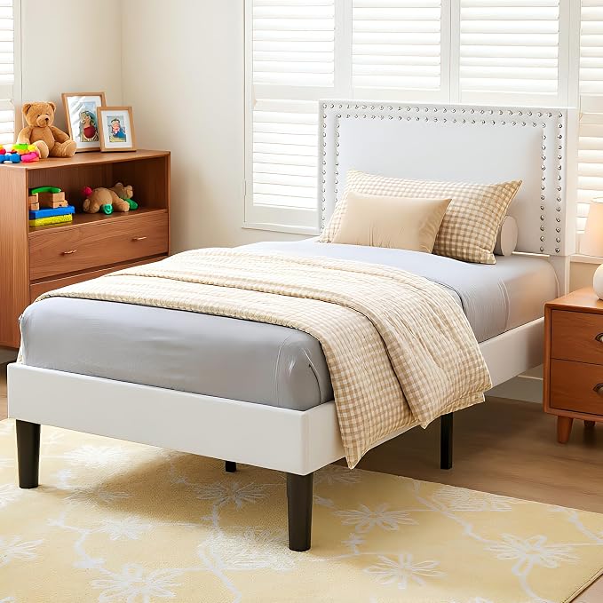 VECELO Twin Size Platform Bed Frame with Height Adjustable Upholstered Headboard, Modern Mattress Foundation,Strong Wood Slat Support, No Box Spring Needed, Easy Assembly,White