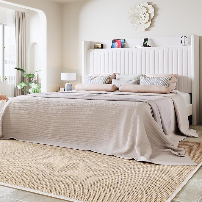 Allewie King Size Platform Bed Frame with USB Charging Station and Storage Shelf/Upholstered Velvet Wingback Headboard/Wooden Slats Support/No Box Spring Needed/Easy Assembly, White