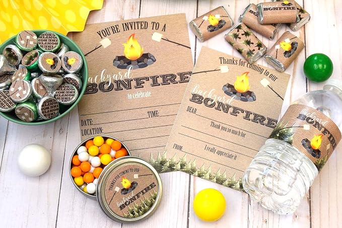 Backyard Bonfire Birthday Party Bundle Includes 20 each of Invitations & Thank You Cards with Envelopes + 2 Different Sizes of Stickers, Mini Candy Bar Wrappers, & Water Bottle Labels!