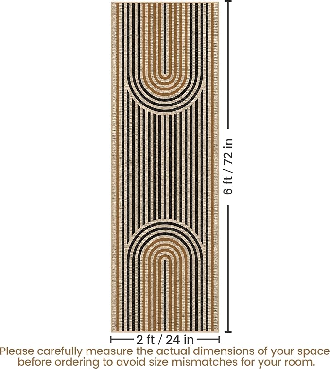 Washable Rainbow Easy Jute Runner Rug 2x6, Neutral Modern Boho Geometric Outdoor Indoor Patio Area Rug, Woven Non Slip Thin Long Runner Carpet Mat for Hallway Kitchen Entryway Porch Farmhouse