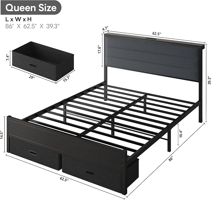 LIKIMIO Queen Size Bed Frame with 2 Storage Drawers, Upholstered Headboard | Queen Platform Bed Frame with Charging Station & LED Lights, Modern Style, Noise Free, No Box Spring Needed, Black and Grey