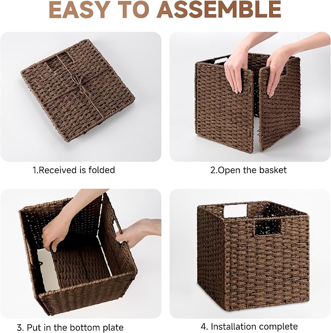 StorageWorks 11 inch Cube Storage Bins,Wicker Storage Cubes 11x11x11,Brown | 2-Pack,Handwoven Square Cubes Baskets,Foldable Paper Rope Baskets for Organizing,Square Baskets,Wicker Basket for Storage