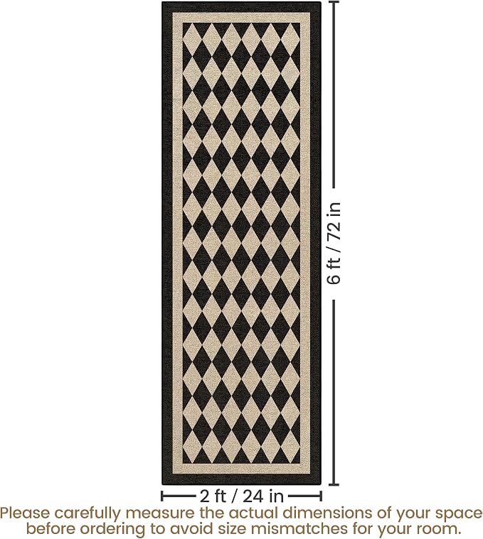 Washable Checkered Easy Jute Runner Rug 2x6, Black Checkerboard Boho Geometric Outdoor Indoor Patio Rug, Woven Non Slip Thin Neutral Long Runner Carpet for Hallway Kitchen 6ft Entryway Porch