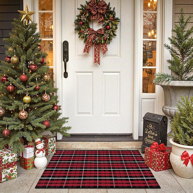 USTIDE Buffalo Plaid Rug 2'x3' Red & White Check Front Doormat Checkered Layering Floor Mat for Hello/Welcome Hand Woven Cotton Rug for Front Door Porch Kitchen