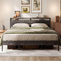 LIKIMIO King Size Bed Frame with 2-Tier Storage Shelf Headboard | Dark Wood Platform Bed, Camas King with Strong Metal Supports, Sturdy, Noise-Free, No Box Spring Needed, Grey