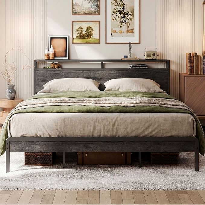 LIKIMIO King Size Bed Frame with 2-Tier Storage Shelf Headboard | Dark Wood Platform Bed, Camas King with Strong Metal Supports, Sturdy, Noise-Free, No Box Spring Needed, Grey