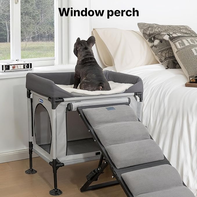Veehoo Dog Bunk Bed, Dog Beds Attachment to Human Bed, Bedside Dogs Cot for Small, Medium Cats & Dogs, Pet Window Perch, Grey