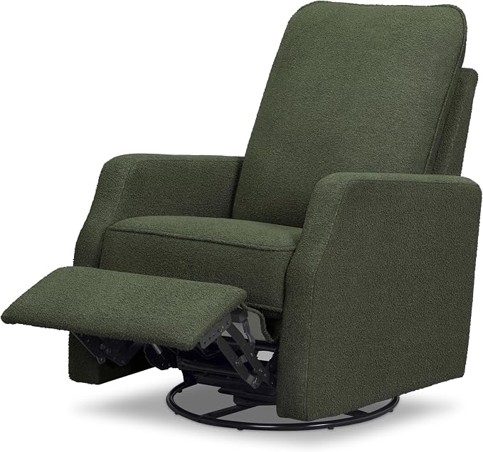 Davinci Lucas Pillowback Swivel Recliner in Cozy Olive Boucle, Greenguard Gold & CertiPUR-US Certified | GREENGUARD Gold Certified Nursery Recliner Chair w/ High Pillow-Back, Padded Arms & Bonus Lumbar Pillow - Manual, 360° Swivel