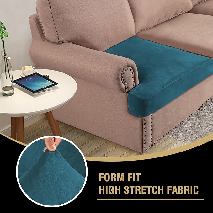 H.VERSAILTEX Stretch Velvet 2 Piece T Cushion Sofa Slipcovers - Individually Fitted Cushion Covers for 2 Couch Seat Cushions - Stay in Place (Deep Teal)