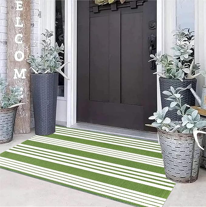 Green and White Striped Outdoor Rug 24'' x 51'' Front Porch Rug Hand-Woven Machine Washable Layered Door Mats for Entryway/Bedroom/Outdoor