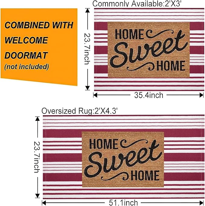 Red and White Striped Rug 24'' x 51'' Front Porch Rug Hand-Woven Machine Washable Indoor/Outdoor Layered Door Mats for Entryway/Bedroom/Outdoor