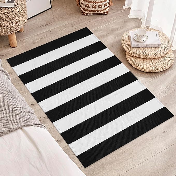 Black and White Striped Rug 27.5x43 Inches Front Porch Layered Door Mats Small Washable Cotton Indoor Outdoor Carpet for Entryway Patio Farmhouse Decor