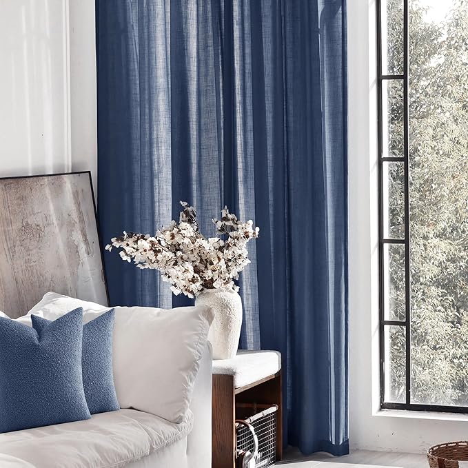 Navy Blue Curtains 63 inch Length for Bedroom Back Tab Light Filtering Semi Sheer Blue Living Room Curtains Linen Cotton Textured Indigo Blue Drapery Panel Modern Farmhouse Aesthetic Decor Dark Blue