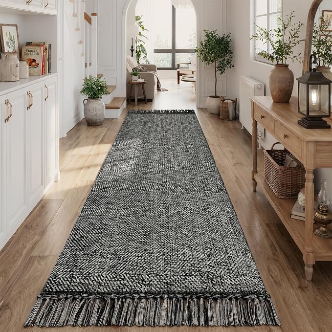 Collive Rug Runners for Hallways, Boho Washable Kitchen Runner Rugs 2.6' x 10' Farmhouse Indoor Entry Hall Carpet, Black Modern Hand Woven Bathroom Runner Carpet for Bedroom Entrance Porch Decor