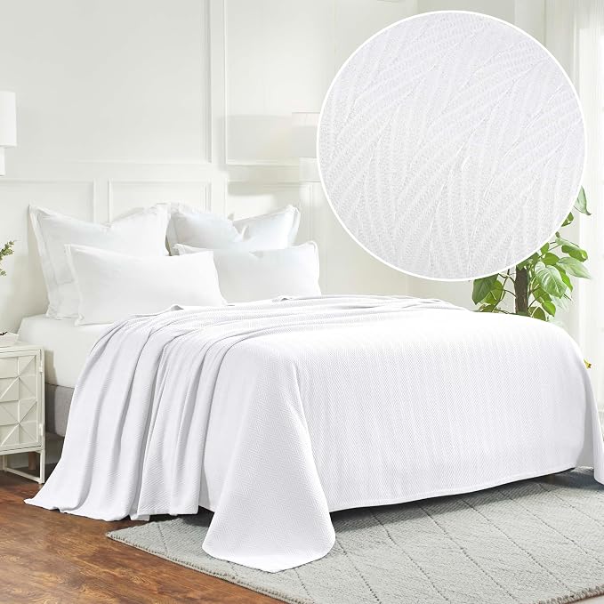 Superior Metro All-Season Cotton Blanket, Woven Blanket for Couch, Bed, Bedding, Farmhouse, Home Essentials, Cute and Cozy Bohemian Blankets, Herringbone Weave, Full/Queen, White