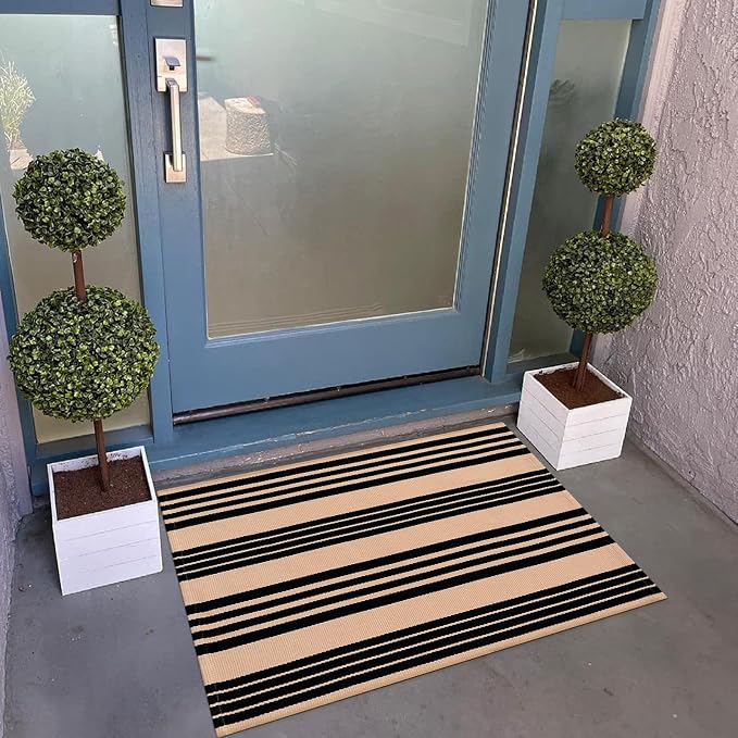 LEEVAN 2'X3' Black and Tan Striped Woven Cotton Reversible Outdoor Rug | Small Machine Washable Front Porch Rug, Entryway Door Mat, Indoor Layering Carpet for Farmhouse Bathroom Laundry
