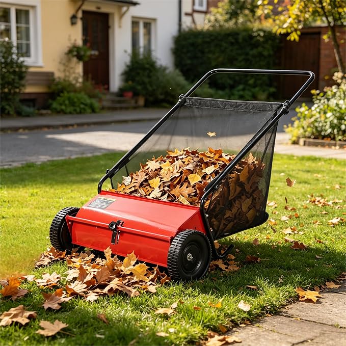 Steel 26 Inch Push Lawn Sweeper with 7 Cu ft Hopper Bag | Walk Behind Heavy Duty Leaf Collector and Yard Sweeper, Adjustable Brush Height for Patio Driveway & Garden Grass