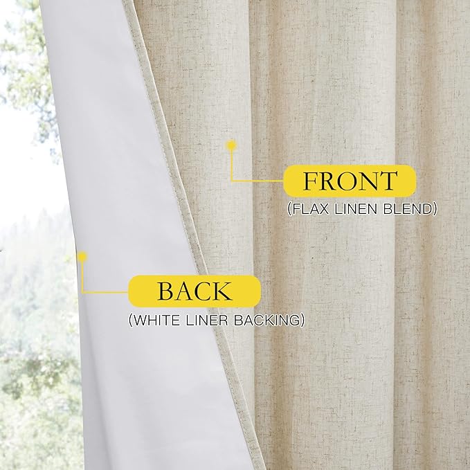NICETOWN Natural Full Blackout Boho-Chic Linen Curtains 80 inch Long 2 Panels Set for Cafe Window, 34 inch Wide, Thick Linen Blend Drapes, Insulated Window Covers Draperies with White Backing