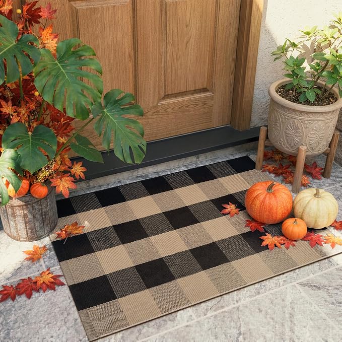 KIMODE Front Door Mat 24"x35",Black and Tan Checkered Small Outdoor Rug,Farmhouse Fall Front Porch Rug Decor,Cotton Woven Washable Layered Doormats for Front Door Outside Entrance Kitchen
