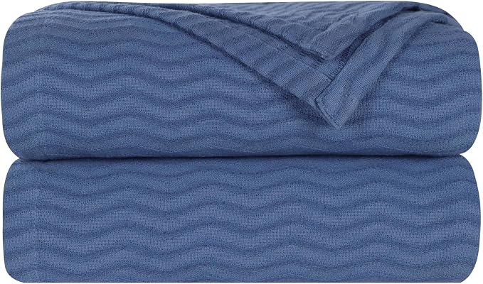 Superior JENA Cotton Blanket, for Picnic, Beach, Traveling or Camping, Bedroom Decor, Essentials, Cover for Bed, Couch, Lounging, Textured Jacquard, Modern Chevron Woven Blanket, King, Merritt Blue