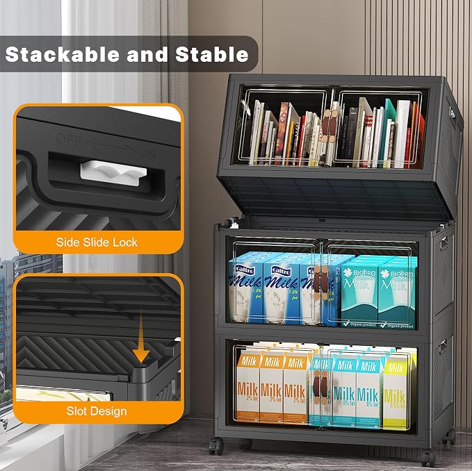 UAMFURI Stackable Storage Bins, 330QT Collapsible Drawers with 2 Lids | Large Capacity, Magnetic Door, Stack Lock, Rolling Wheels, Foldable Design, Organizers and Storage for Bedroom Dorm Garage