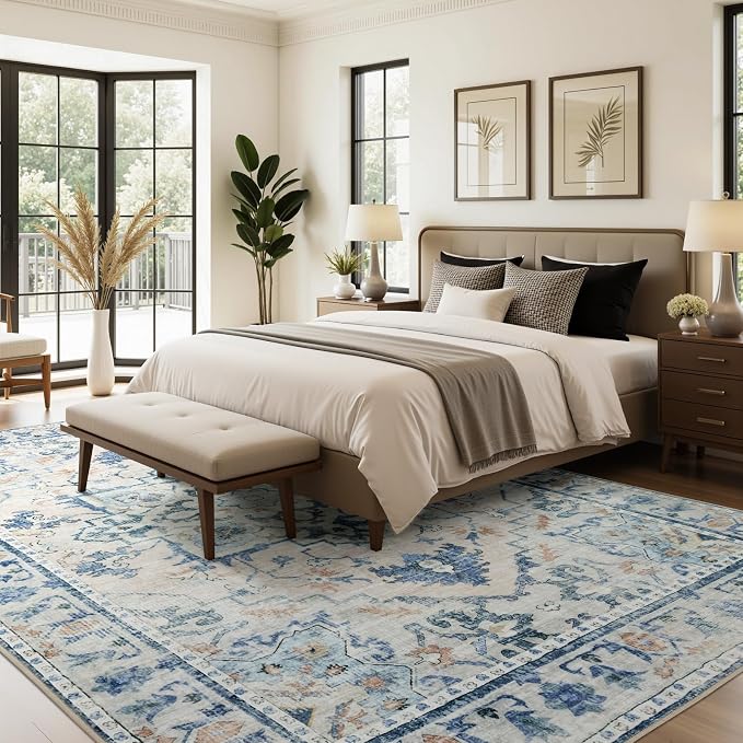 Joydeco 5x7 Area Rug for Livingroom, Bed Room, Home Office, Blue Grey | Vintage Machine Washable Non Slip