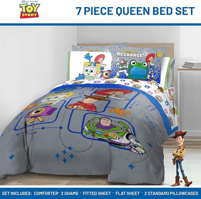 Jay Franco Kids Comforter Set Includes Sheets and Pillow Covers - Soft and Cozy Bed Set for Stylish Room Decor, Official Licensed Bedding, Grey - Toy Story, 7 Piece Queen