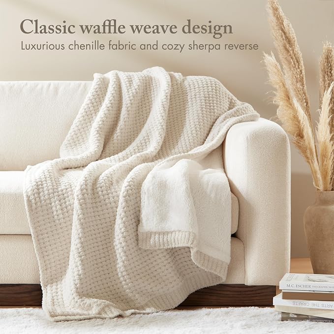 Madison Park Rowan Sherpa Throw Blanket Waffle Weave, 50 x 60, Ivory | Cozy Warmth for Sofa or Bed, Reversible, Lightweight, Farmhouse, OEKO-TEX Certified