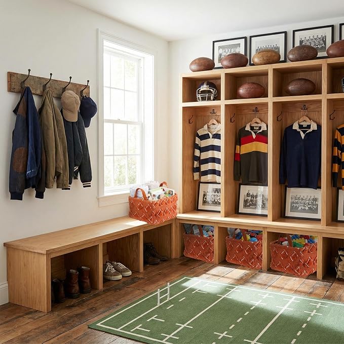 2 Pcs Football Storage Baskets 14x10'' Back to School Gift Basket | Sport, Foldable, Fluffy, Laundry Storage Bin with Handle, Closet Organizer, Preppy Dormitory, Countertop Tabletop Shelf