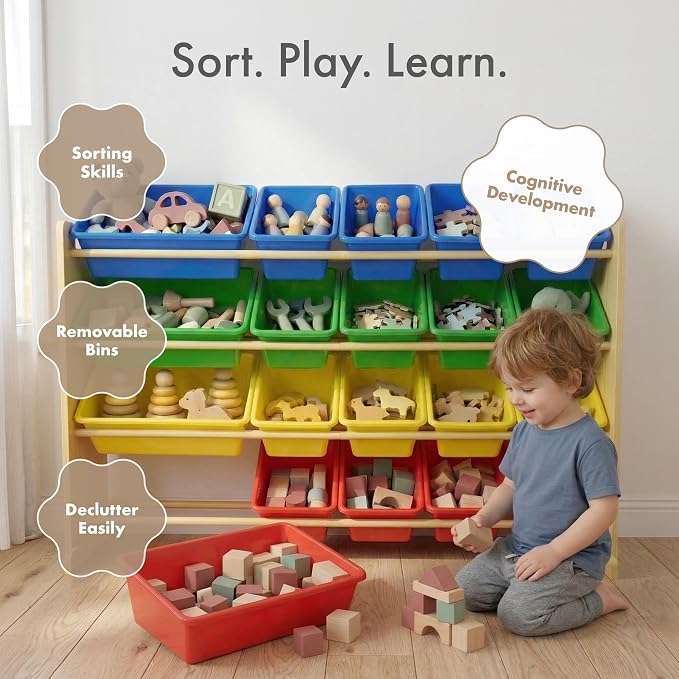Humble Crew Kids Toy Organizer with 20 Bins, 4 Tier Storage for Playroom | Sturdy wood and steel toddler shelf, removable BPA-free containers, wall anchor anti-tip safety kit for bedroom or classroom