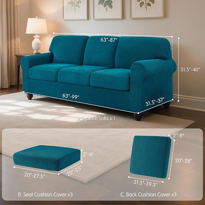 SUBRTEX 7 Pieces Stretch Sofa Slipcover Sets Couch Cover Sets Backrest Cushion Covers Furniture Protector Collection Set for Oversize Sofa Loveseat Chair Slip Covers(Large, Teal)