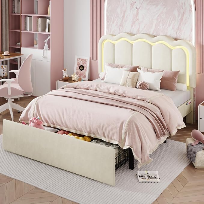 SHA CERLIN Queen Size Bed Frame with LED Lights and Storage Drawer, Cream | Upholstered Velvet Platform Bed with Adjuatable Wavy Headboard, Noise-Free, Easy Assembly,No Box Spring Needed