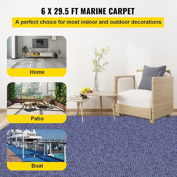 Happybuy 6 ft x 29.5 ft Deep Blue Marine Carpet for Boats Waterproof - 0.18" Thick Indoor Outdoor Rug Carpet Roll for Home Patio Porch Deck