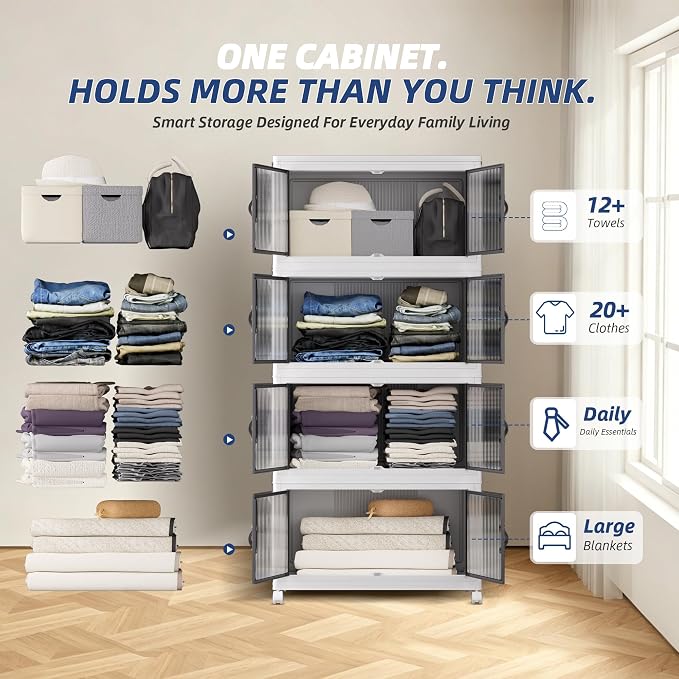 SAILUN 116Gal/464Qt Stackable Storage Bins Folding Collapsible Storage Bins with a Lid, Closet Organizers and Storage,White 26" W x 17" D x 56.7" H