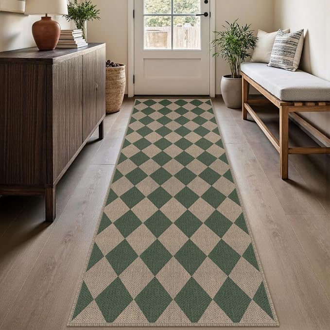 Rugalia Easy Jute Checkered Outdoor Runner Rug, 2.6x8 Green Modern Washable Rugs Runner for Hallway Non-Slip Kitchen Runner Rug, Geometric Diamond Outdoor Carpet for Porch Laundry Entryway