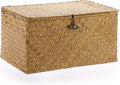 Hipiwe Wicker Shelf Baskets Bin with Lid Woven Seagrass Storage Box, Large | Decorative Basket Organizer Rectangular Household Basket Boxes for Shelf Wardrobe Home Decor, Caramel
