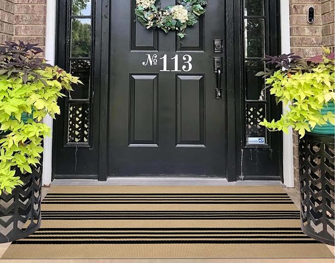 Striped Outdoor Rug 24"x51",Tan and Black Layered Doormat Cotton Woven Washable Indoor Outdoor Porch Rug Farmhouse Small Area Rug for Porch/Entryway/Home Entrance Decor