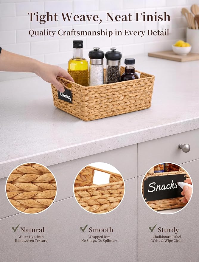 Pantry Baskets, 3 Pack Wicker Storage Baskets for Shelves, Natural | Water Hyacinth Baskets for Organizing, 3-Size Pantry Bins with Chalkboard and Marker for Shelf, Snack, Kitchen, Bathroom
