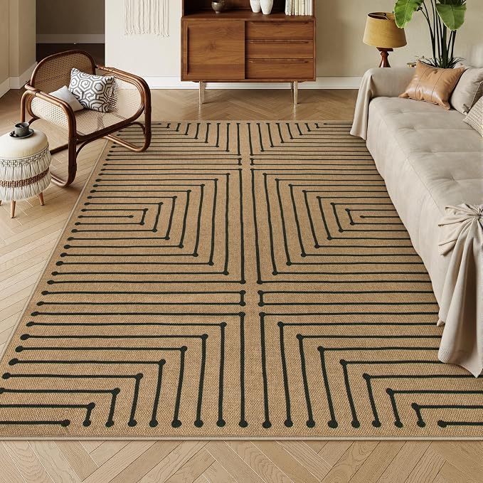 Lahome Tan Rug for Living Room,Geometric 8x10 Washable Nature Easy Jute Rug | Farmhouse Rhombus Non Slip Non Shedding Indoor Outdoor Carpet for Backyard Deck Office Classroom Decor