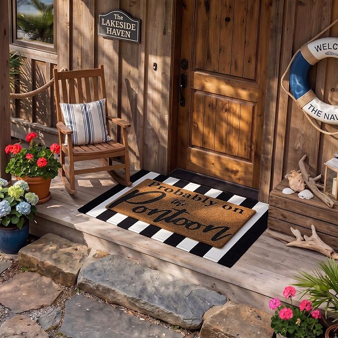 Moucuny 2 Pcs Probably on The Pontoon Coir Doormat Set 16'' x 28 '' Lake House Welcome Mats 24'' x 35'' Black White Striped Layered Rugs for Pontoon Boat Front Door Porch Entryway Decor