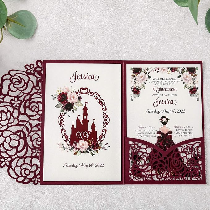 Burgundy 4.7x7 inch 50PCS Blank Quinceanera Invitations Kit