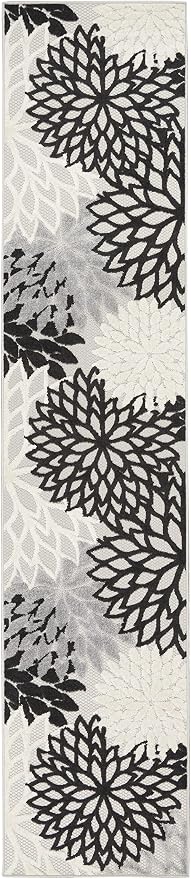 Nourison Home Aloha Indoor/Outdoor Black White 2'3" x 12' Area Rug, Tropical, Botanical, Easy Cleaning, Non Shedding, Bed Room, Living Room, Dining Room, Deck, Backyard, Patio (2x12)