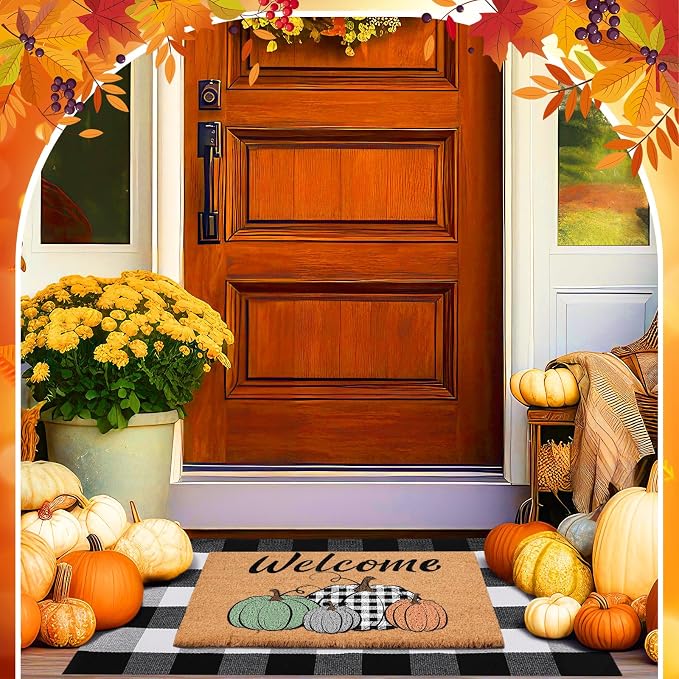 Moucuny 2 Pcs Fall Coir Doormat Outdoor 16'' x 28'' Stacked Pumpkin Welcome Doormat Layered 24'' x 35'' Black and White Plaid Rug Fall Non Slip Floor Mat Fot Autumn Entrance Porch Front Decor