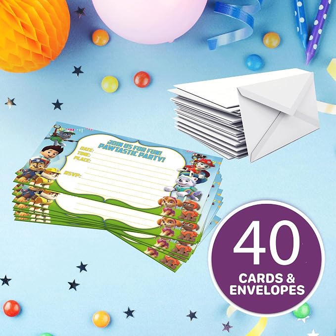 40x Power Dog Birthday Invitations and Envelopes – Fill-in Happy Birthday Party Invitations for Kids, 6X4 Inches, Postcard Style