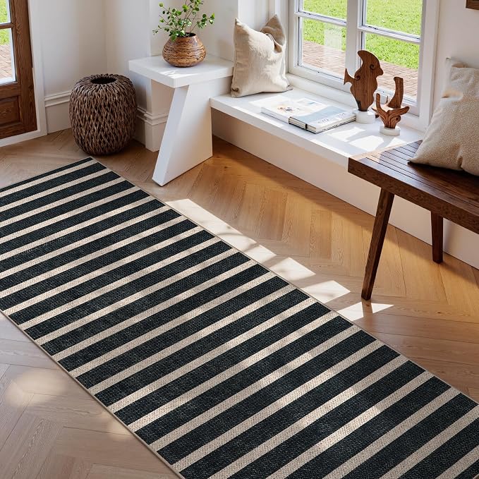 Lahome Striped Easy Jute Kitchen Runner Rug, 2x8 Outdoor Rugs Washable | Non Slip Black Runner for Entryway Indoor, Modern Farmhouse Non Shedding 8ft Carpet for Long Hallway Entry Porch Laundry Room