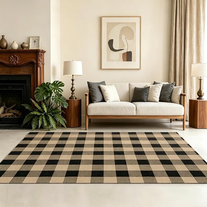 SEEKSEE Buffalo Plaid Rug 4' x 6' Coffee and Black Large Front Door Mat, Layering Area Rug, Washable Rug for Outdoor Patio Entryway Indoor Living Room Kitchen Dining Room Decor