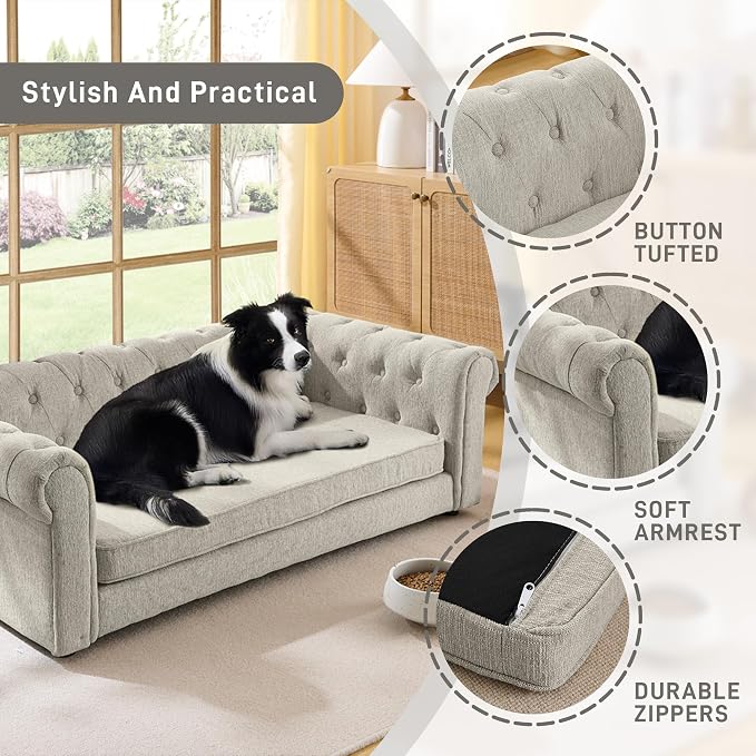 Dog Sofa Couch for Medium to Large Dogs, 55" Memory Foam Pet Sofa Couch with Washable Fabric, Durable Elevated Dog Bed with Legs, Removable Cushion for Medium and Large Dogs, Beige