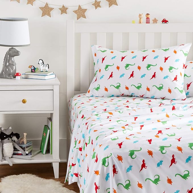 Amazon Basics Kid's Soft, Breathable, Easy-Wash Microfiber 3-Piece Sheet Set with Fitted Sheet, Twin, Multi-Color Dinosaurs, Animal Print